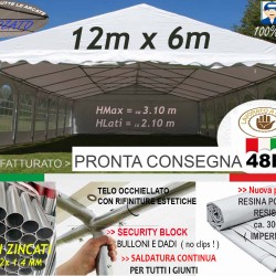 GAZEBO TENDONE 12x6 M PVC TUBOLARI ZINCATI D38 IMPERMEABILE - BIANCO  -CON ARCHITRAVE
