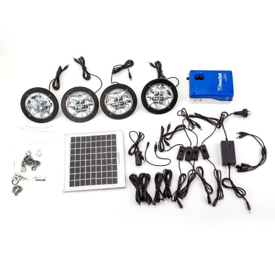 SET ILLUMINAZIONE AUTONOMO *TUTTO INCLUSO* PANNELLO SOLARE  4 FARETTI A LED